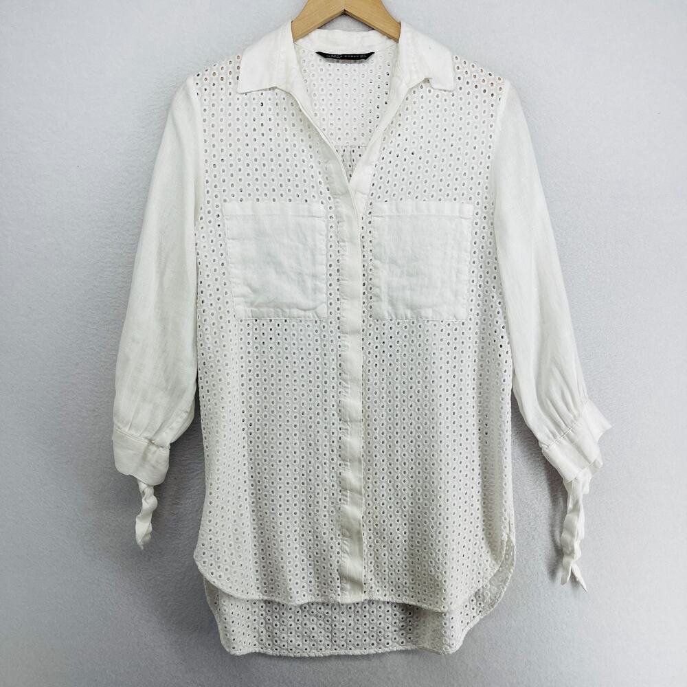 ZARA Top Womens S Eyelet Embroidered Tunic Shirt Poplin Oversized Utility White